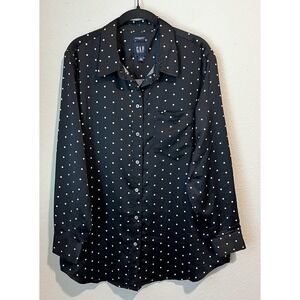 Gap Women's Boyfriend Shirt Button Up Size Petite L Satin Polka Dot Long Sleeve